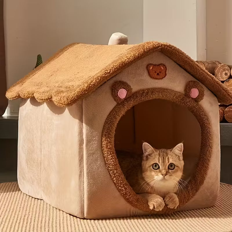 Cozy Plush Cabin Pet Cave Bed